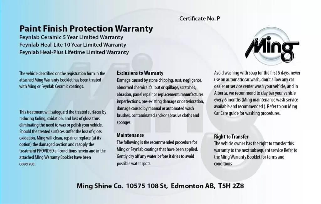 Ming Shine's Car Ceramic Coating Warranty Information