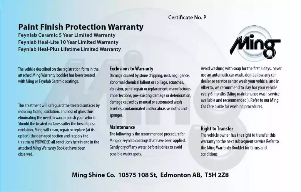 Ming Shine's Car Ceramic Coating Warranty Information